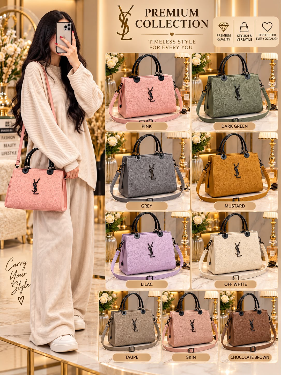 Embossed Tote Cross Body Bag with Metal Handle — view 1