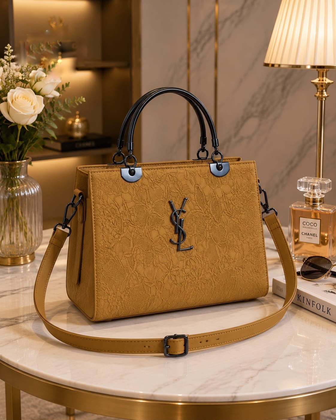 Embossed Tote Cross Body Bag with Metal Handle — view 10
