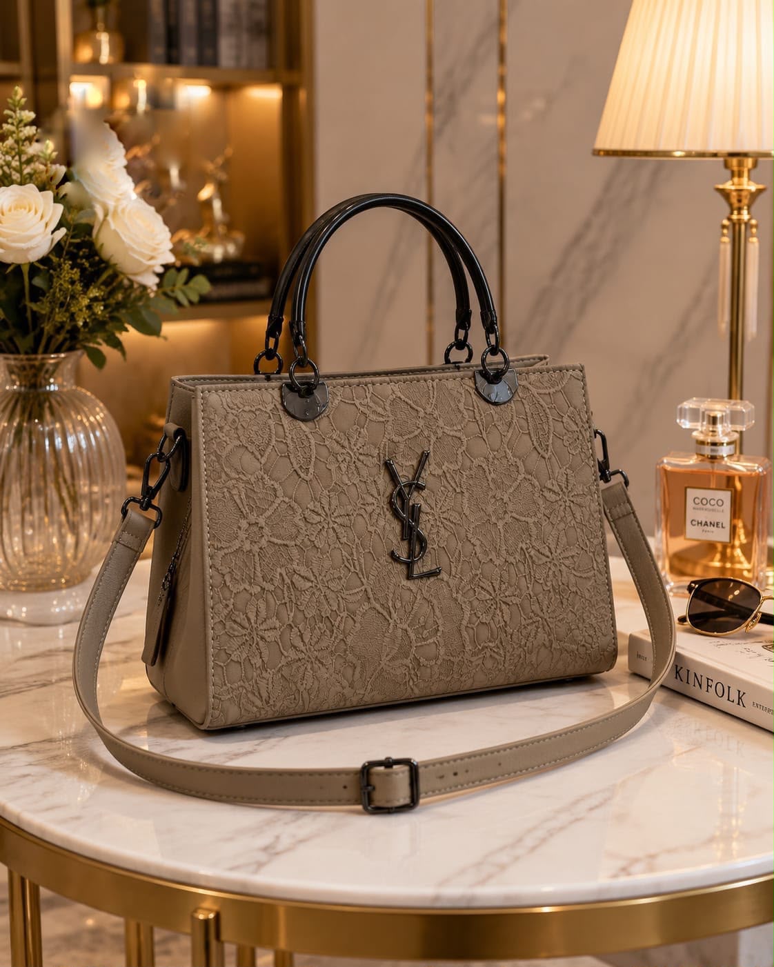 Embossed Tote Cross Body Bag with Metal Handle — view 2