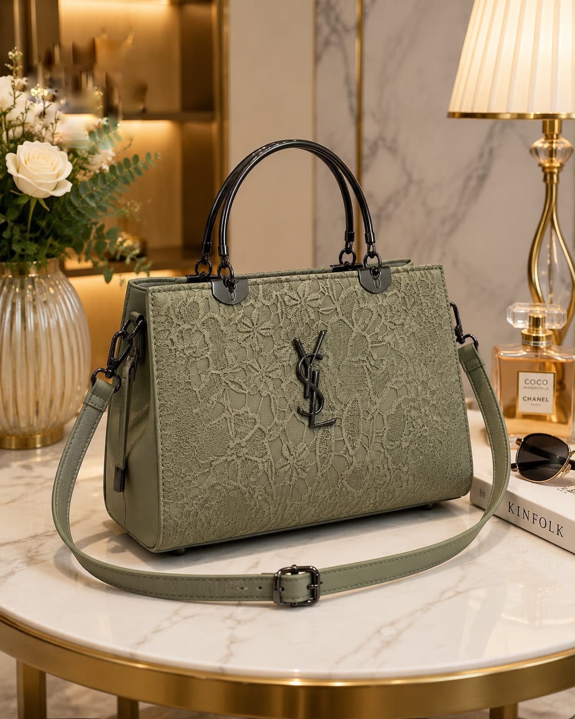 Embossed Tote Cross Body Bag with Metal Handle — view 4