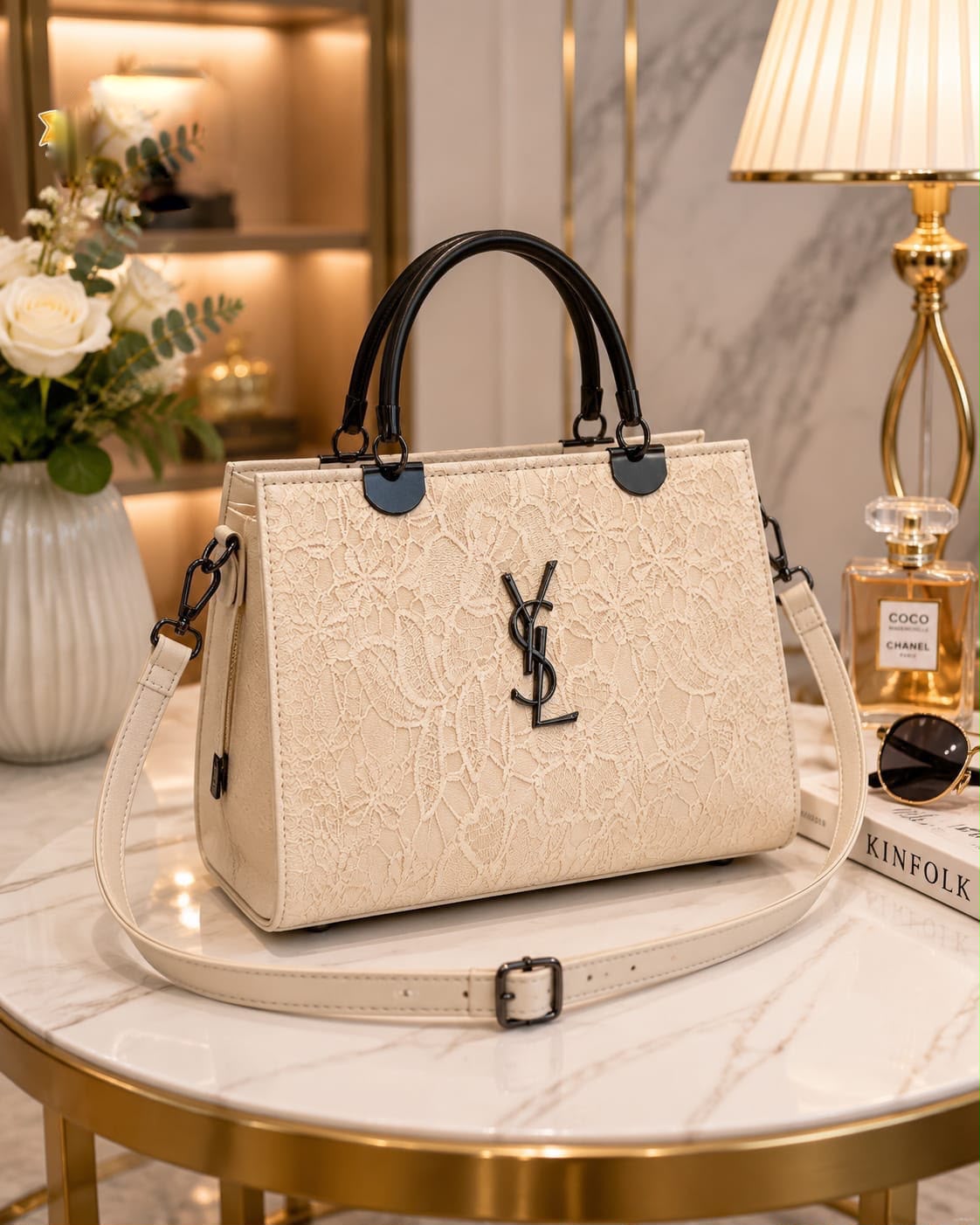 Embossed Tote Cross Body Bag with Metal Handle — view 7