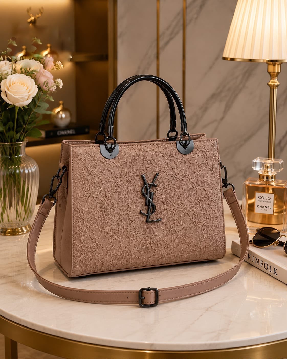 Embossed Tote Cross Body Bag with Metal Handle — view 8