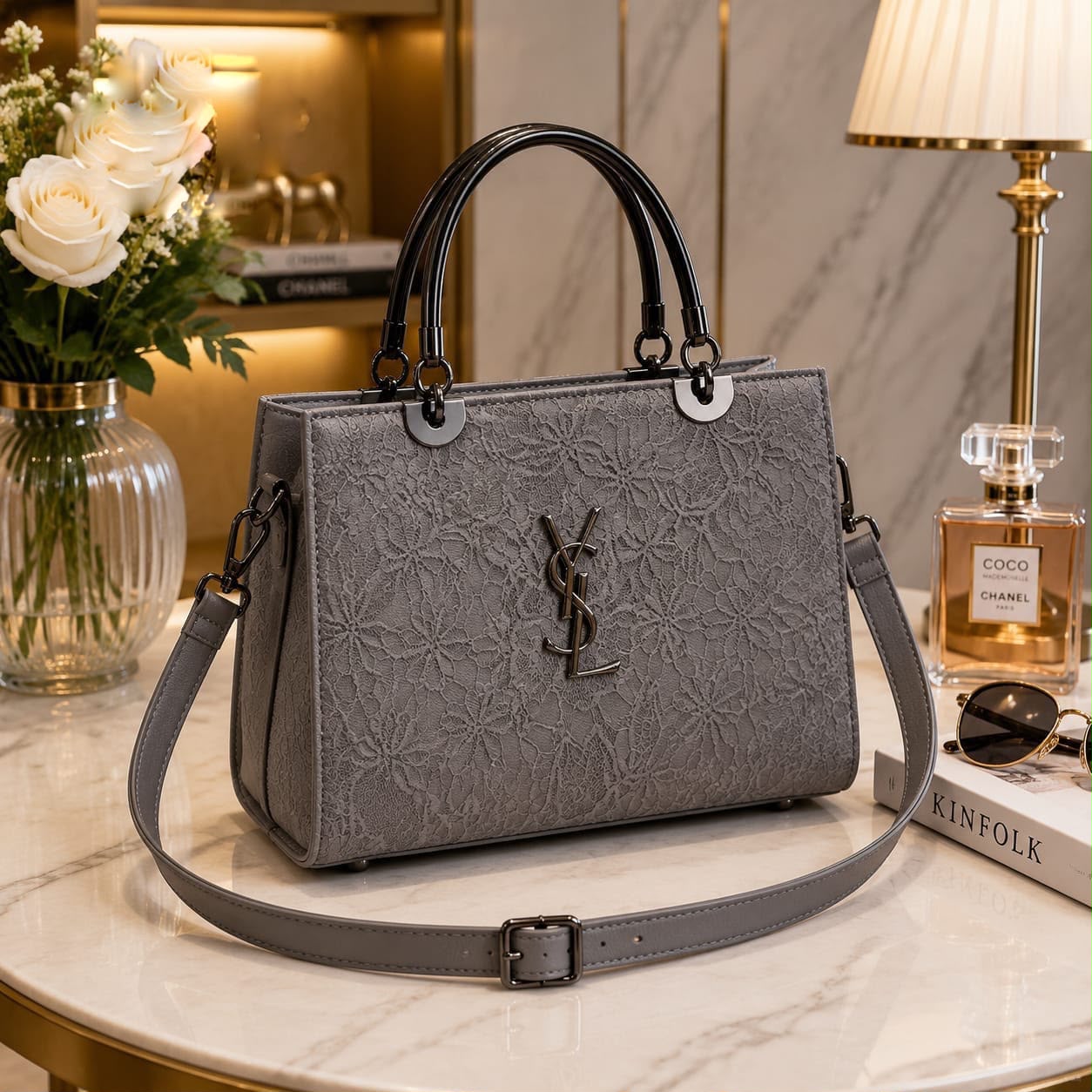 Embossed Tote Cross Body Bag with Metal Handle — view 9