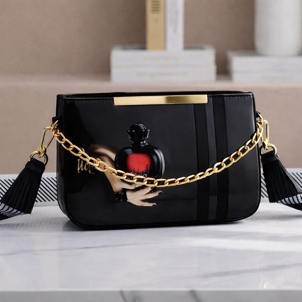 Printed Cross Body Bag with Front Chain & Digital Strap — view 4