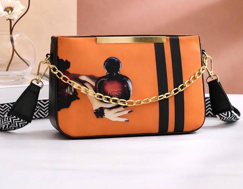 Printed Cross Body Bag with Front Chain & Digital Strap — view 6