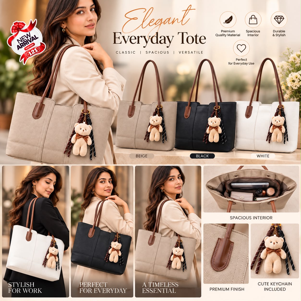 Imported Everyday Tote Bag with Teddy Charm — view 1