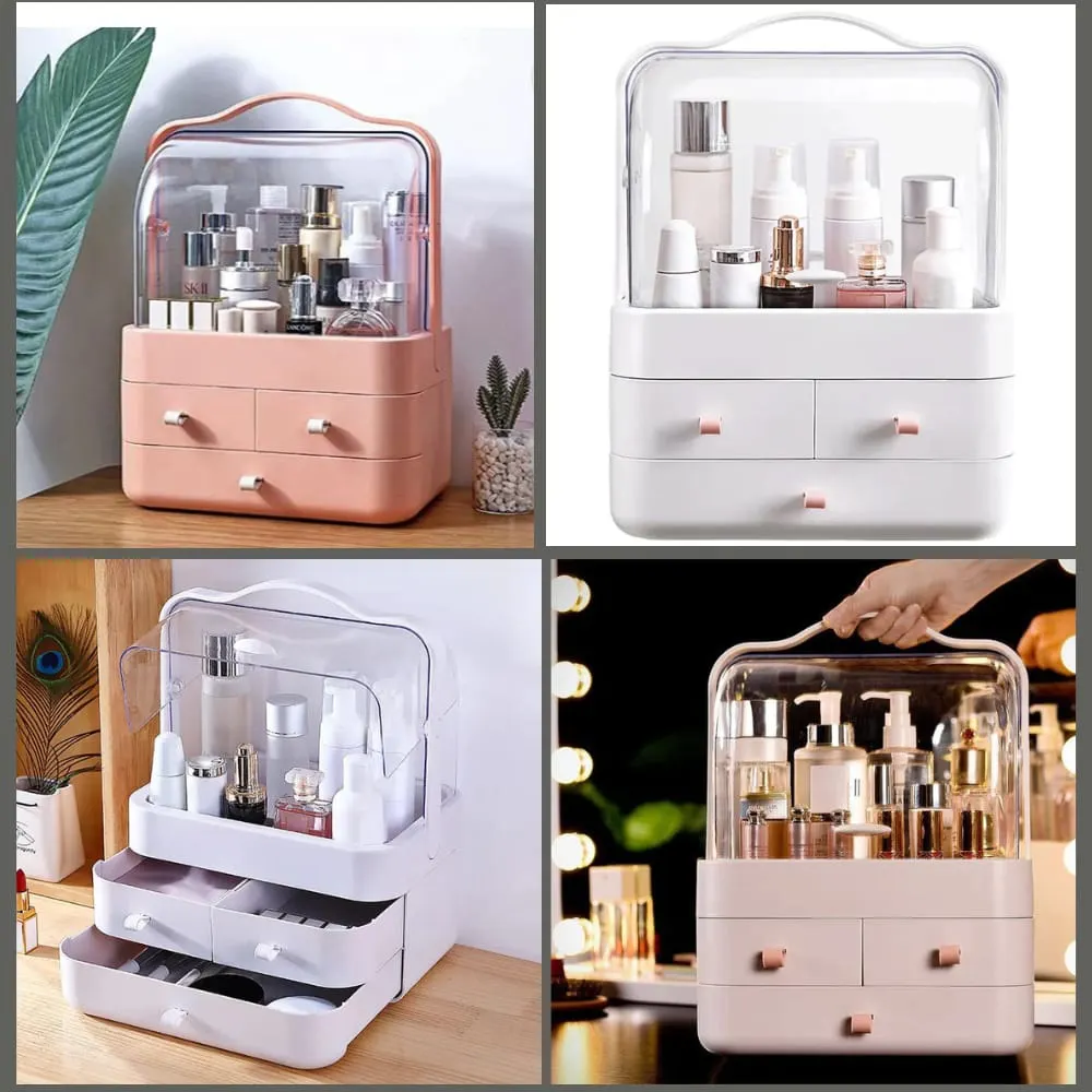 Portable Cosmetics Storage Box with Lid & 3 Drawers
