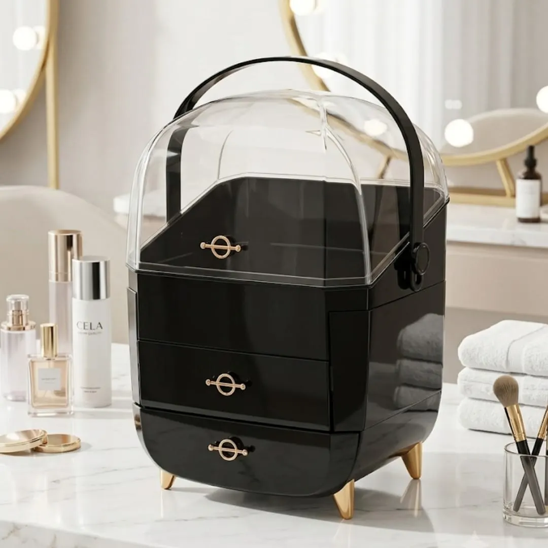 Makeup Organizer with Lid & Drawers (Black)