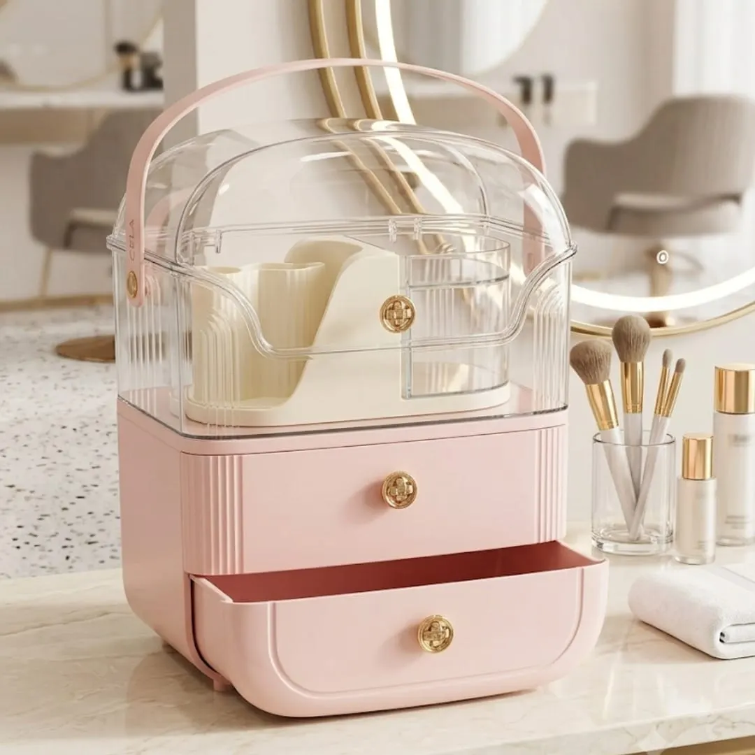 Makeup Organizer with Lid & 2 Drawers (Pink)