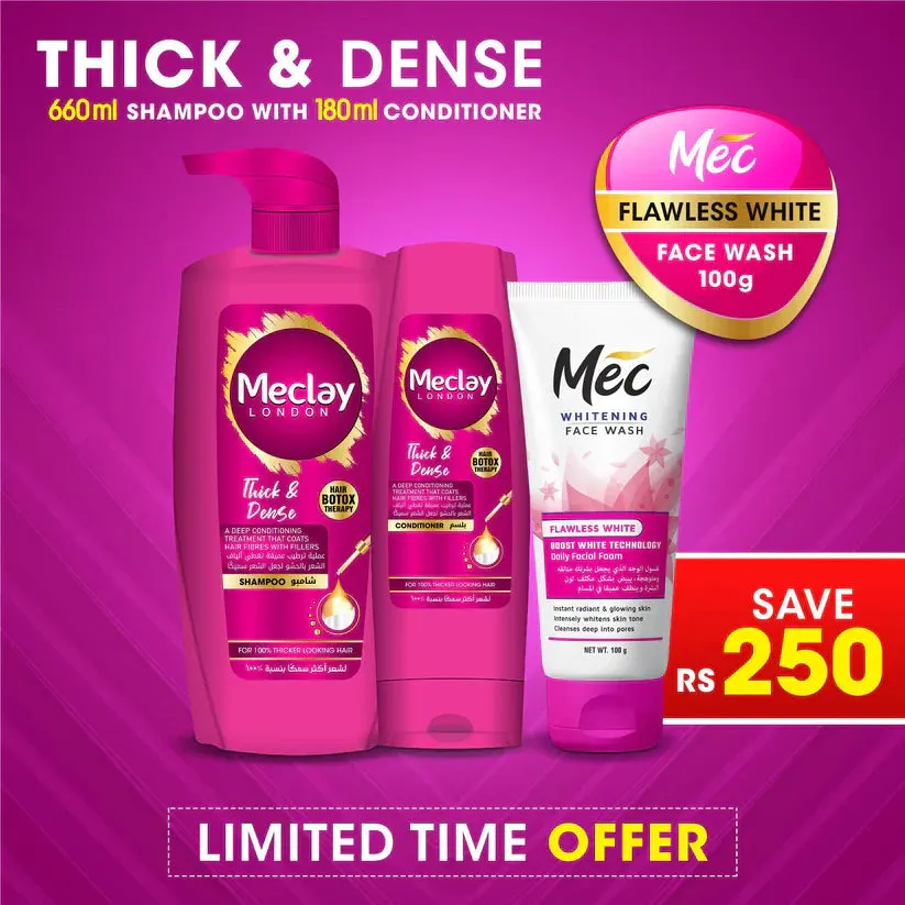 Meclay London Thick & Dense Shampoo 660ml With Conditioner 180ml + Mec Flawless White Face Wash Pair Box