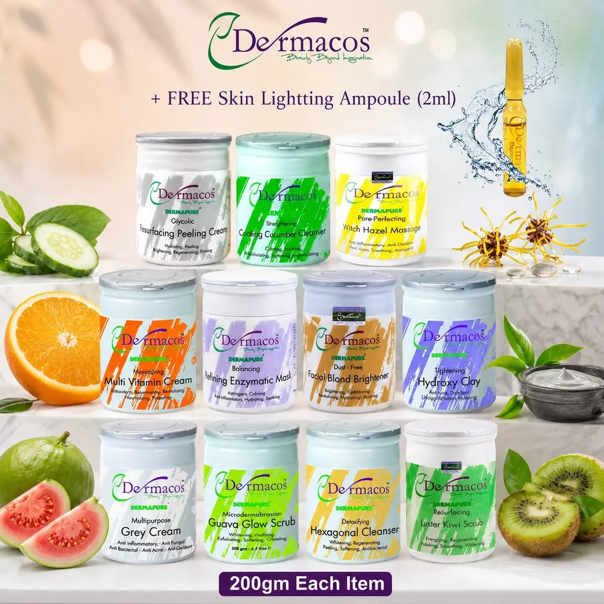 Dermacos Complete Facial Jars (200ml Each) Pack of 11 + FREE Skin Lightning Ampoule (2ml)