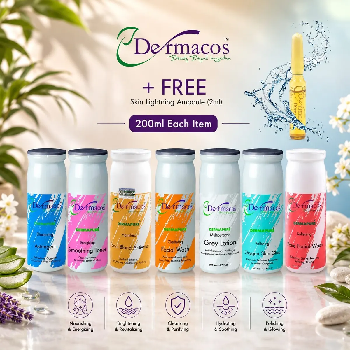 Dermacos Complete Facial Tubes (200ml Each) Pack of 7 + FREE Skin Lightning Ampoule (2ml)