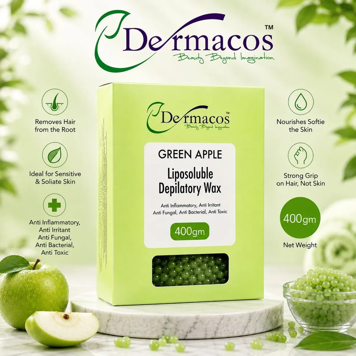 Dermacos Green Apple Liposoluble Depilatory Wax (400gm)