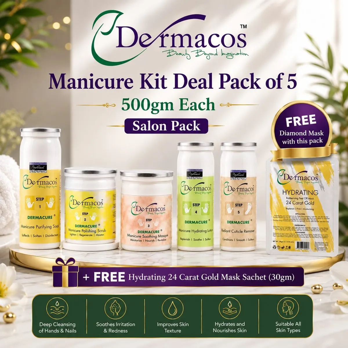 Dermacos Manicure Kit (500ml Each) Salon Pack Pack of 5 + FREE Gold Mask