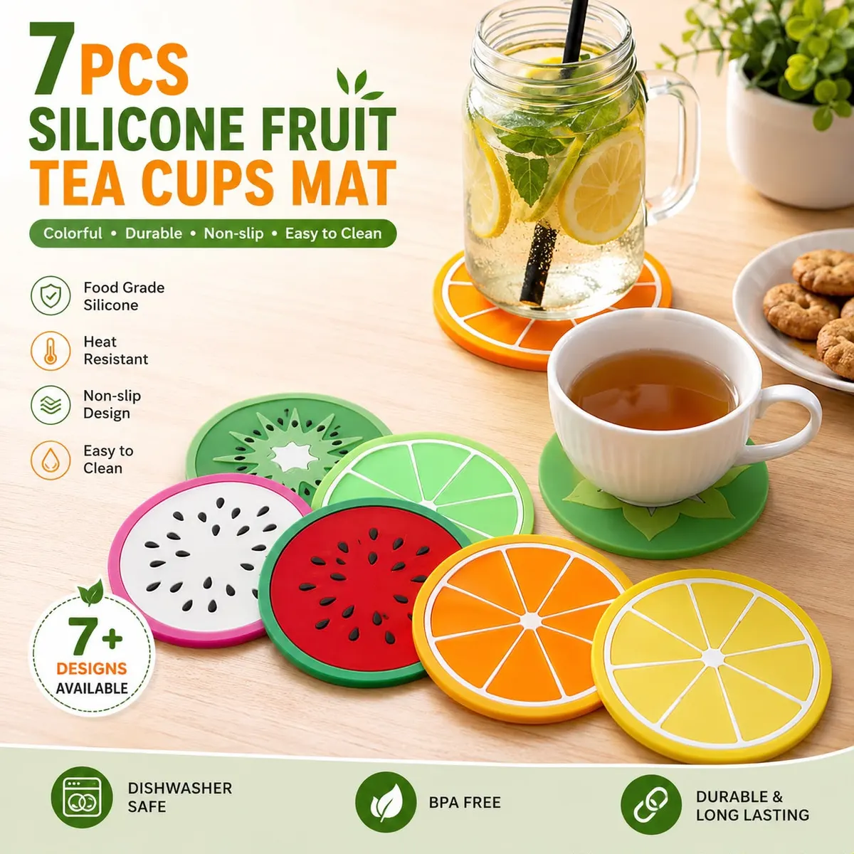 7 Pcs Silicone Fruit Tea Cup Mats