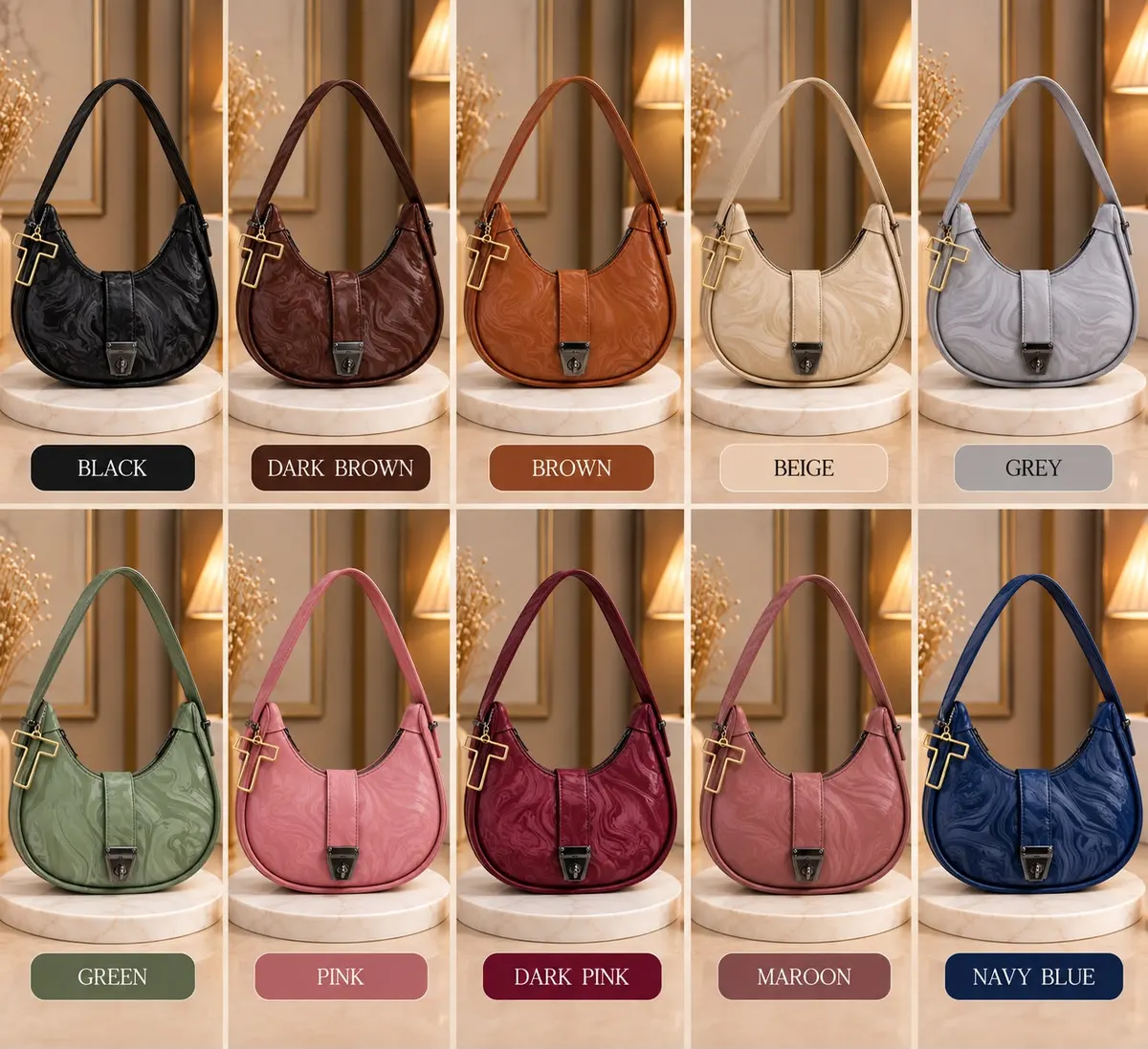 Marble Texture Moon Style Bag with Alphabet Keychain